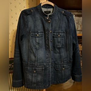 Talbots denim military utility style jacket with chic matte silver buttons.